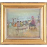 Fred Cuming RA (b.1930), 'Figures on a Beach', oil on board, signed to lower left corner, 25.5 cm