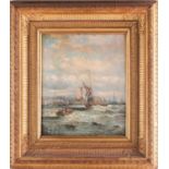 19th century English school, boats at sea, unsigned oil on canvas, 35 cm x 29 cm in a heavy gilt