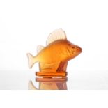A Lalique amber frosted glass perch car mascot figure on a circular base, marked with engraved '