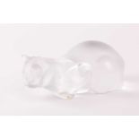 A large and impressive Lalique frosted glass figure of a recumbent cat. Bearing engraved script mark