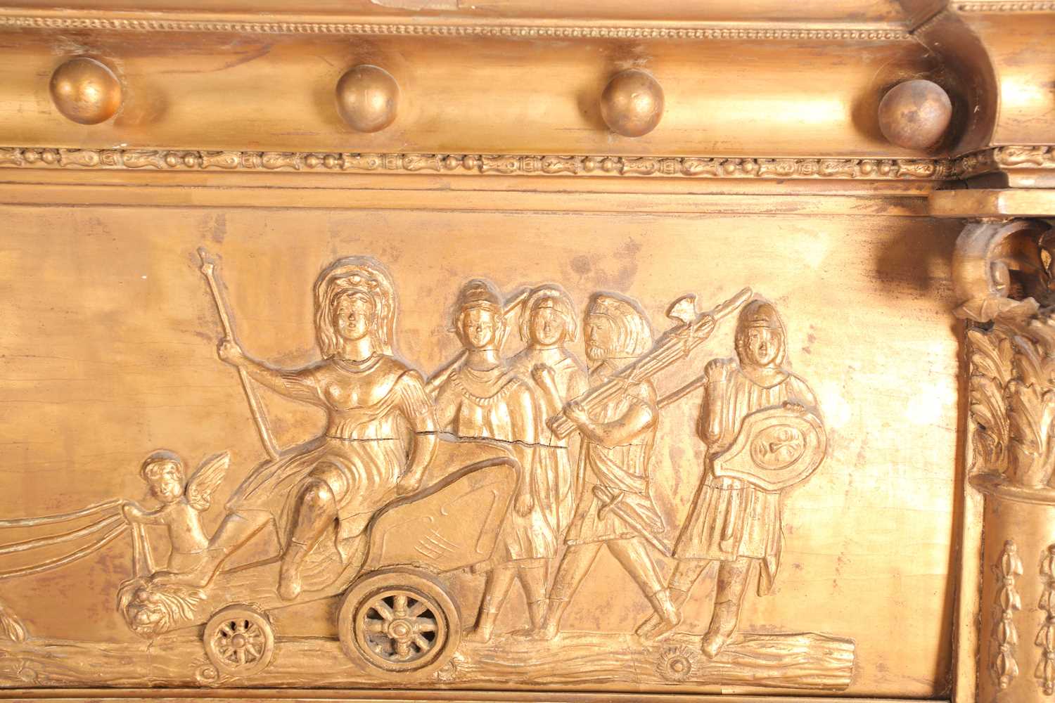 A Regency giltwood overmantle three-panel mirror, with relief decoration to the frieze, between - Image 4 of 5