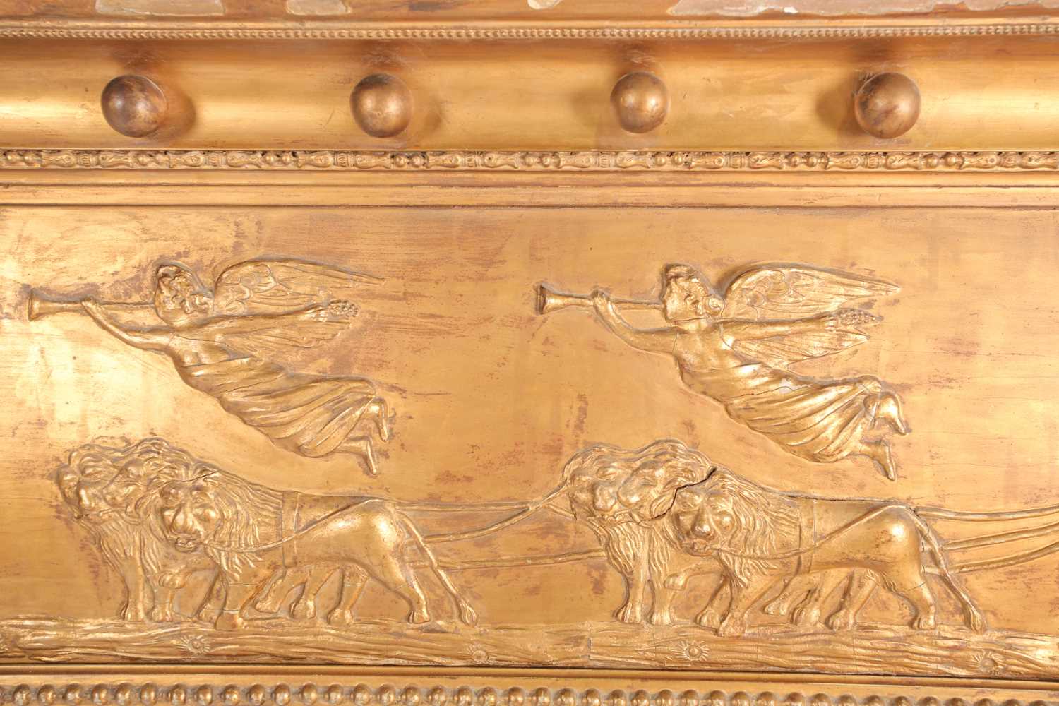 A Regency giltwood overmantle three-panel mirror, with relief decoration to the frieze, between - Image 3 of 5