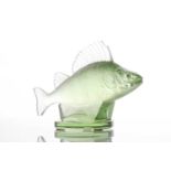 A Lalique green frosted glass perch car mascot figure on a circular base, marked with engraved '
