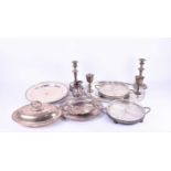 A collection of silver plated items including table candlesticks circular platter, hors d'oeuvres