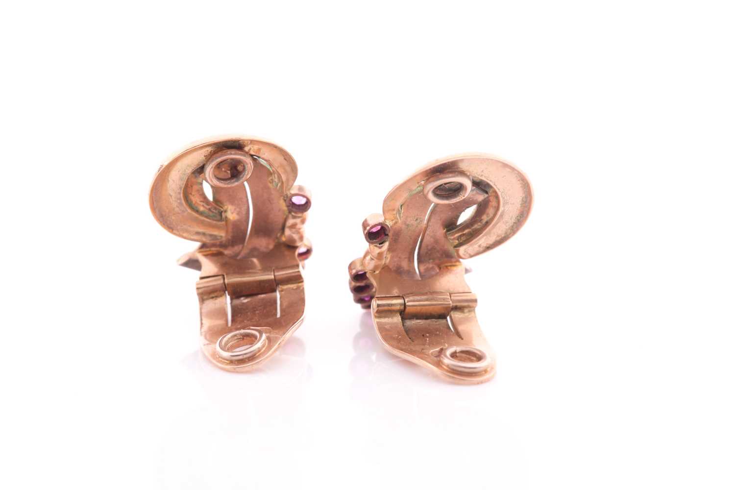 A pair of vintage tri-coloured yellow metal and ruby ear clips; in the form of a stylised knot, each - Image 2 of 4