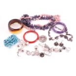 A quantity of silver, white metal, costume and stone set jewellery, including amethyst beads and a