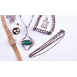 A Danish silver and green agate silver pendant and chain, together with a small selection of