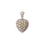 A silver gilt, diamond, and peridot heart-shaped locket pendant, inset with mixed round-cut