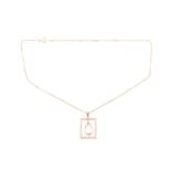 A citrine and diamond pendant; the pear shaped flat cut citrine suspended within a rectangular