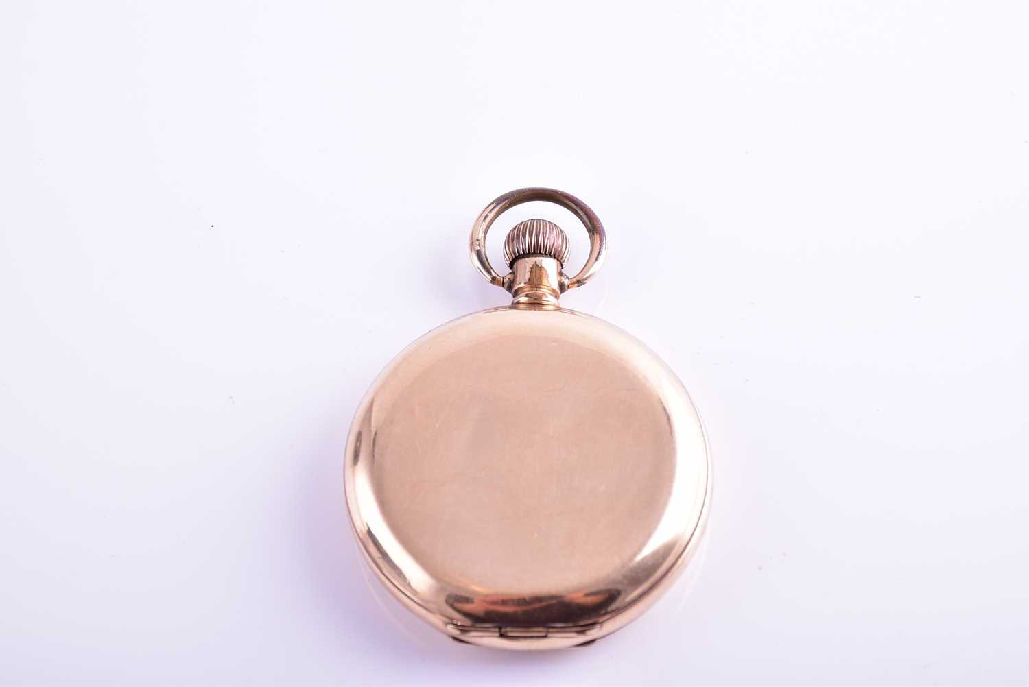 An unusual gold plated pocket watch by Elgin, with white enamel Roman numeral dial, with - Image 6 of 9