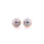 A pair of Tahtian pearl and diamond earrings, the grey pearls in cup mounts above a border of claw