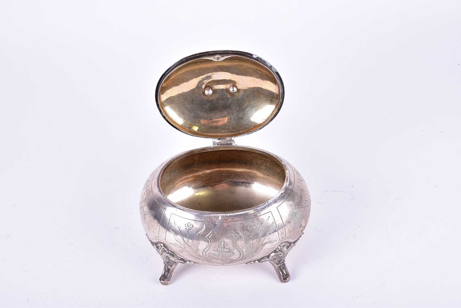 A late 19th century Russian (84) silver ovoid sucrier. With hinged cover and engraved floral - Image 3 of 9