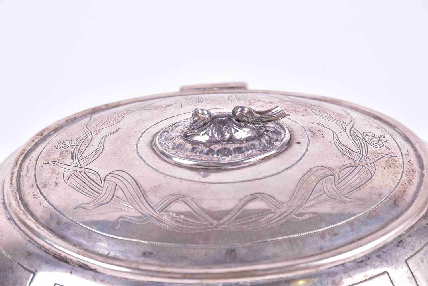 A late 19th century Russian (84) silver ovoid sucrier. With hinged cover and engraved floral - Image 6 of 9