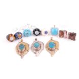 Three large pendants set with turquoise plaques; together with eight various dress rings, set with