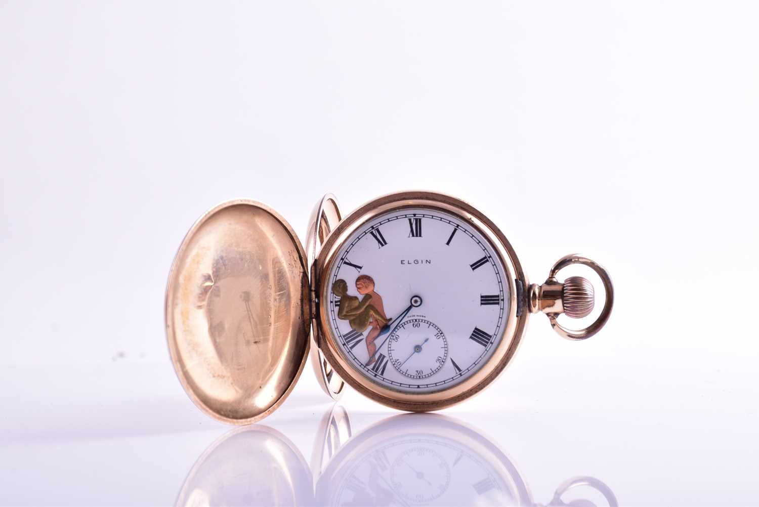 An unusual gold plated pocket watch by Elgin, with white enamel Roman numeral dial, with - Image 3 of 9