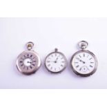 A group of three silver pocket watches, including a half hunter example, all with white enamel Roman