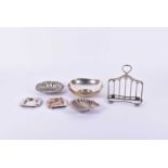A small collection of silver and plate items including a silver bowl of simple radiused square form,