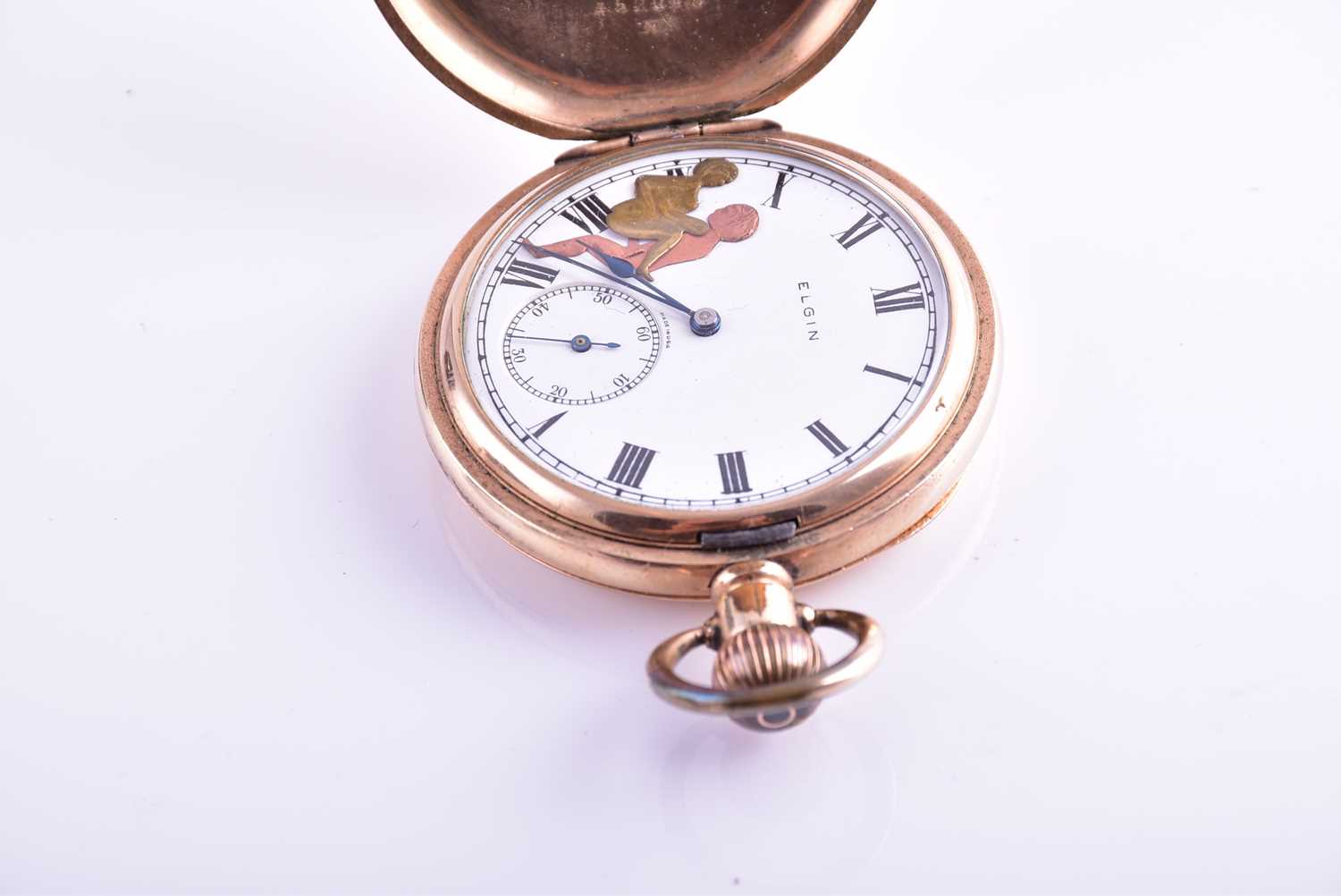 An unusual gold plated pocket watch by Elgin, with white enamel Roman numeral dial, with - Image 7 of 9