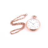A 9 carat gold pocket watch and chain; the 9 carat gold open faced watch with white enamel dial