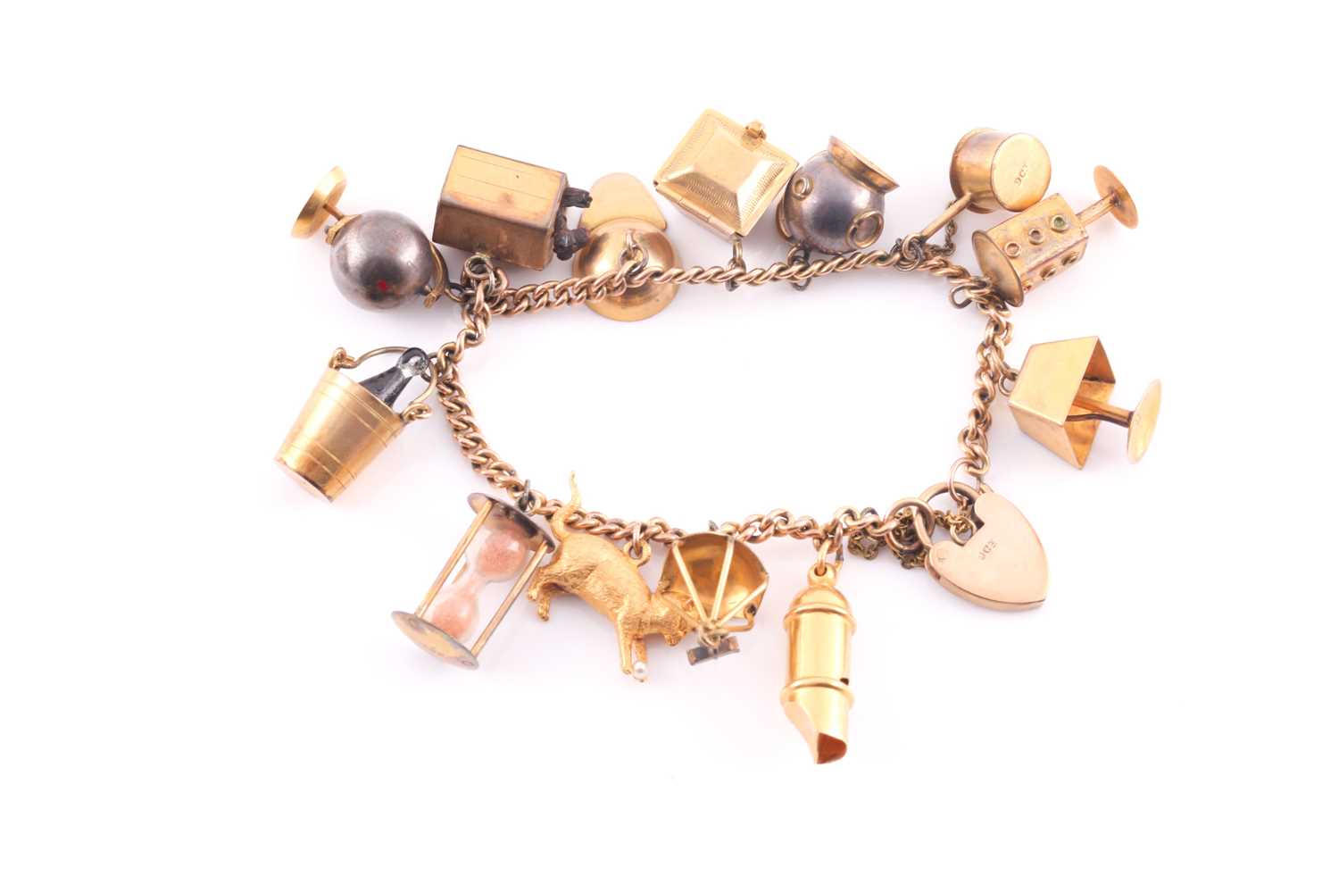 A charm bracelet; the 9 carat gold curb pattern bracelet with padlock clasp; suspending 13 various - Image 2 of 2