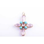 A Victorian turquoise and pale pink topaz cross pendant, set with faceted pear-shaped pink topaz,