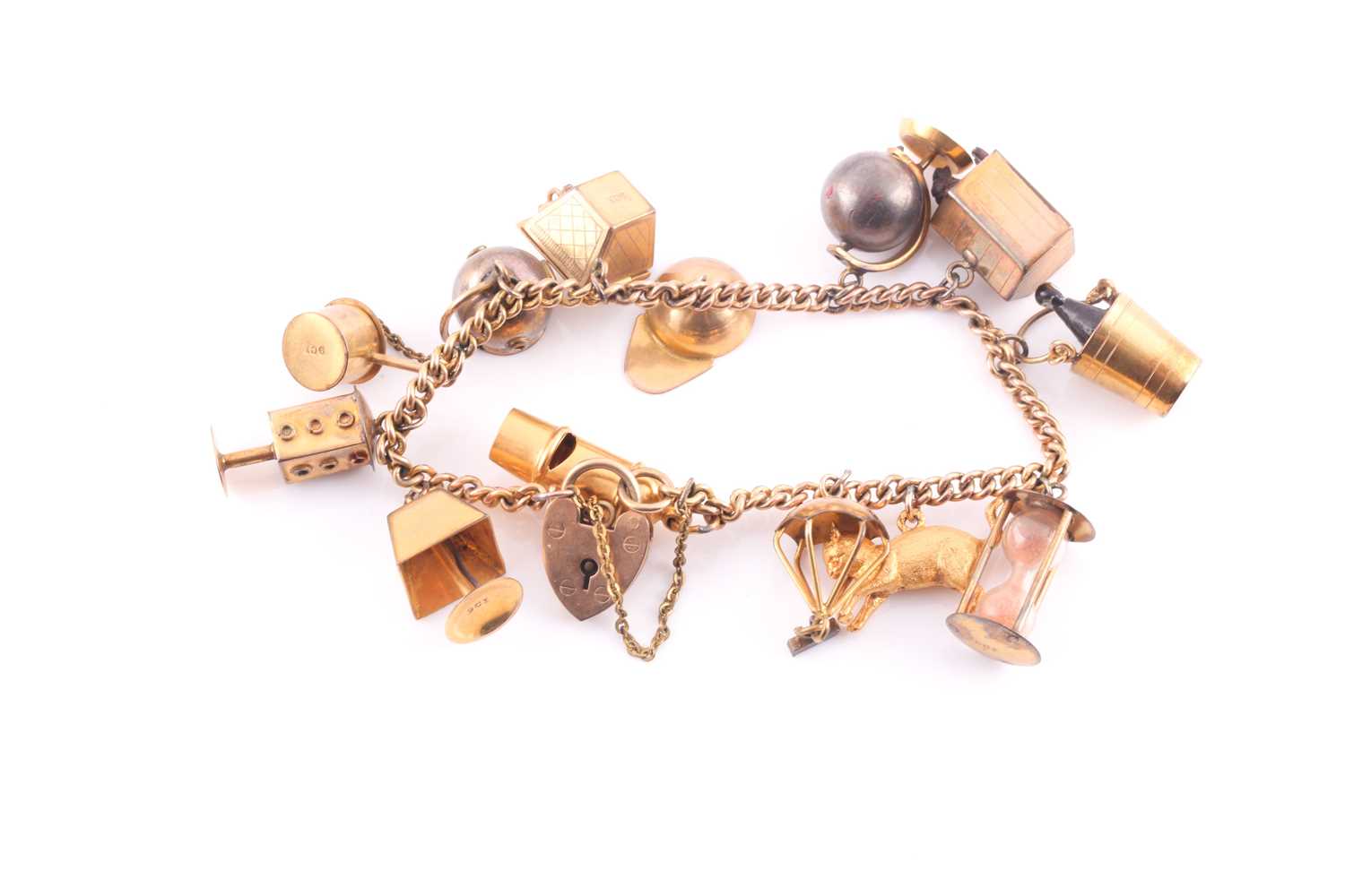 A charm bracelet; the 9 carat gold curb pattern bracelet with padlock clasp; suspending 13 various