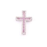 A diamond and pink sapphire cross pendant set with a central cross of square-cut sapphires within