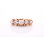 An 18ct yellow gold, diamond, and pearl ring, likely Victorian, set with three pearls, and two