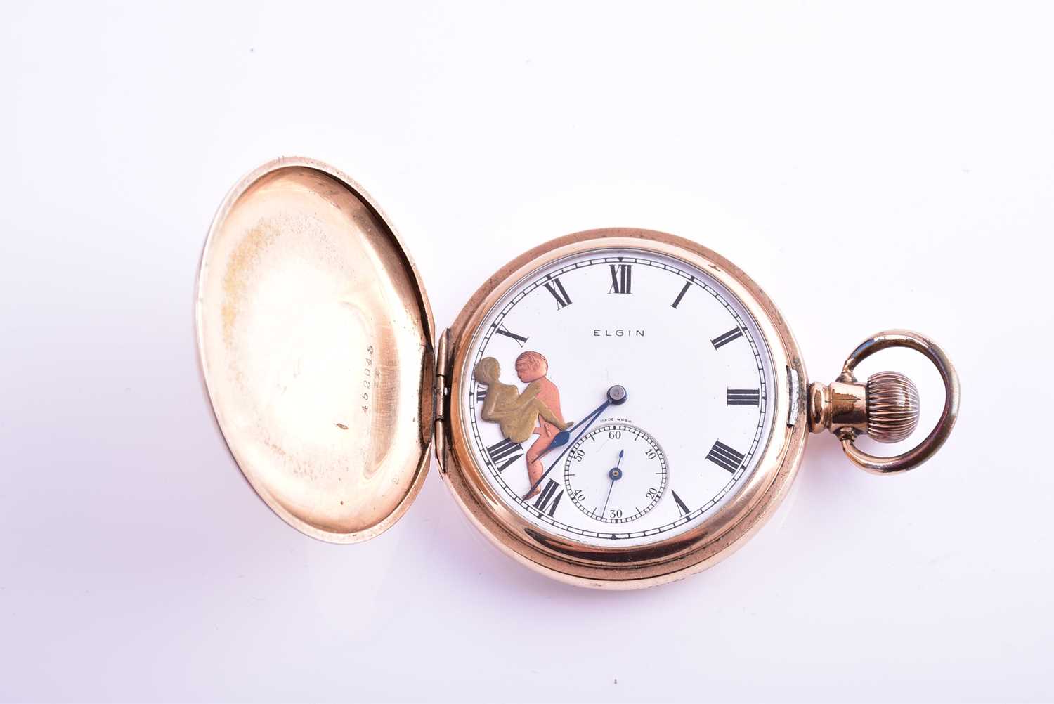An unusual gold plated pocket watch by Elgin, with white enamel Roman numeral dial, with