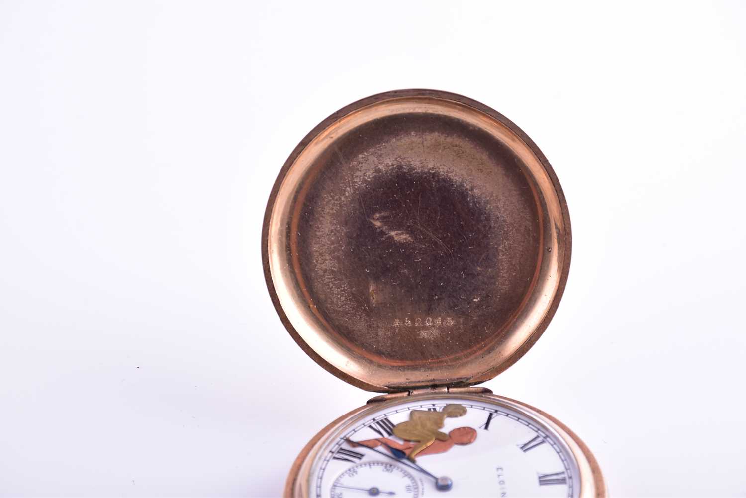 An unusual gold plated pocket watch by Elgin, with white enamel Roman numeral dial, with - Image 2 of 9