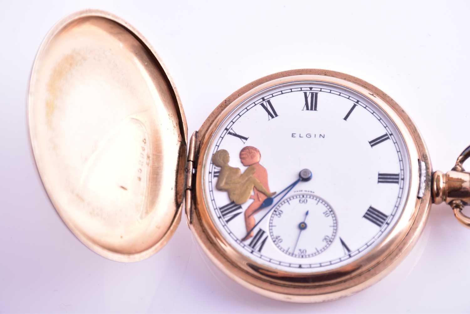 An unusual gold plated pocket watch by Elgin, with white enamel Roman numeral dial, with - Image 4 of 9