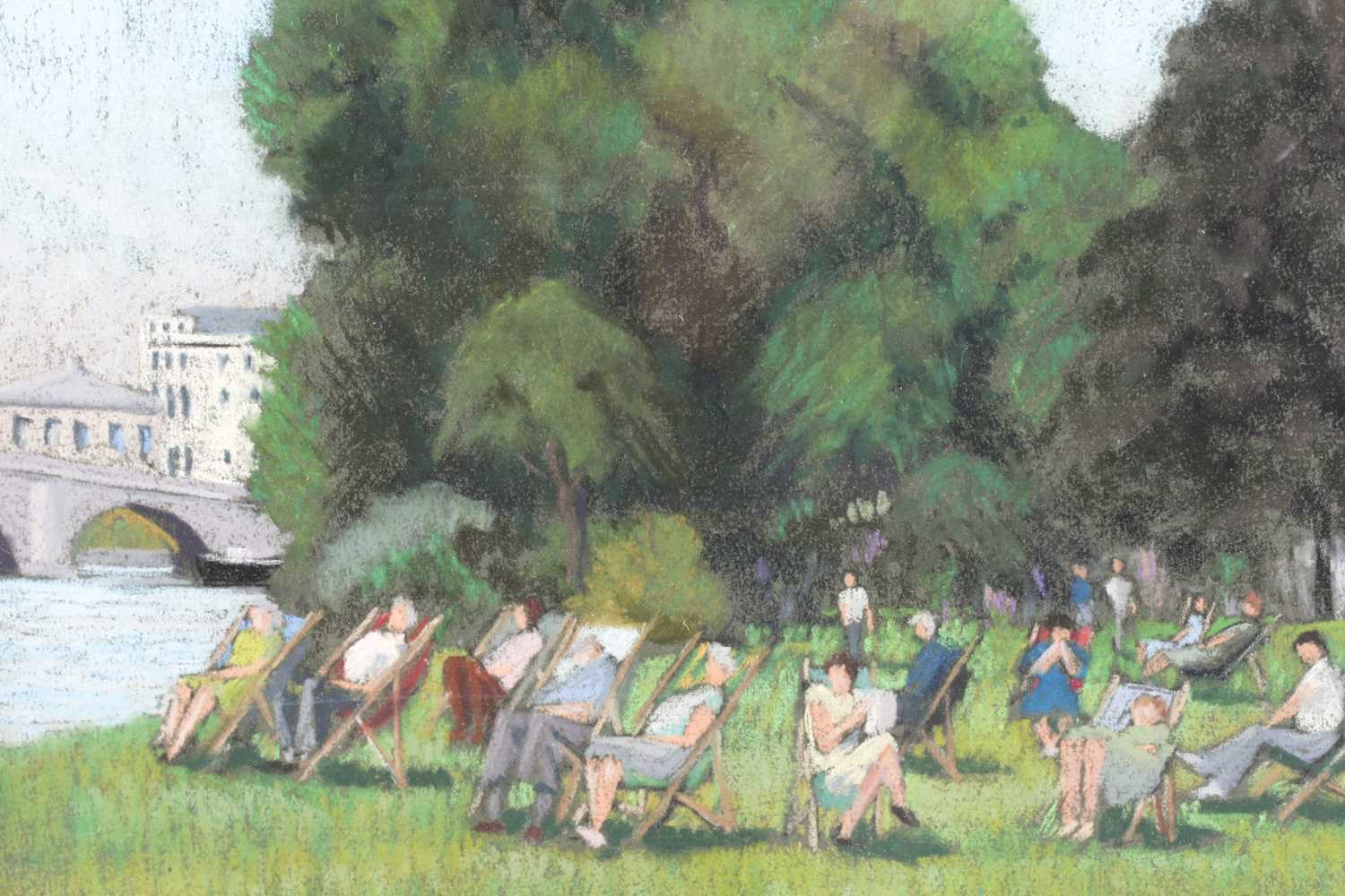 William Henry Innes (1905-1999), a group of people seated in deckchairs, beside a river on a - Image 2 of 4