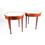 A pair of 19th-century style French circular mahogany marble-topped occasional tables with single