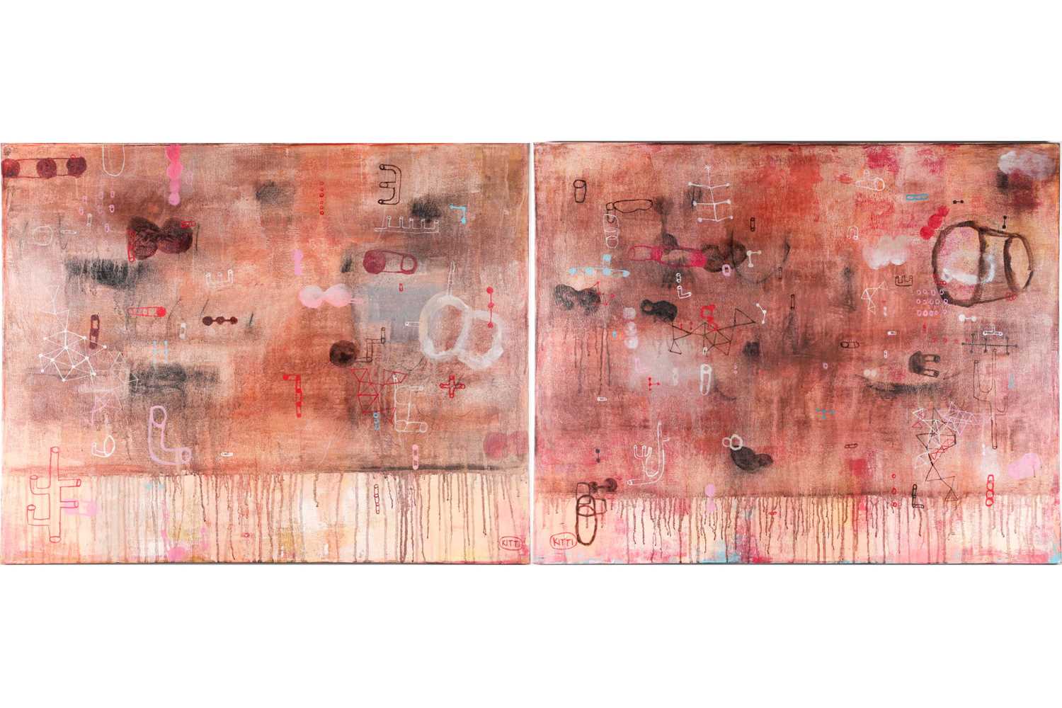 Kitti Narod (20th century) Thailand, a pair of abstract oils on canvas, signed, 80 cm x 100 cm.
