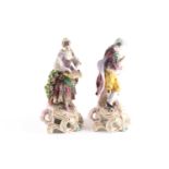 A pair of Derby style porcelain figures, modelled as finely dressed musicians, unmarked, decorated