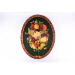 Susan Shepherd, an oval wall hanging with a collage of cut blooms and insects on a green