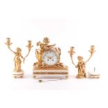 An early 20th-century French ormolu and white marble clock garniture. The 8-day drumhead clock