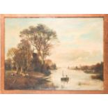 19th century school, a watery landscape with windmills on a riverbank, large oil on canvas,