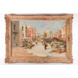 20th century Continental school, a market scene in a rural landscape, large oil on canvas,