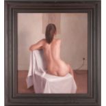 Harry Holland (b.1941) British, study of a female nude, before a drawing on the wall, c.1995, oil on