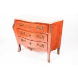 A French Louis XV Style marble-topped Kingwood and tulipwood serpentine three drawer Commode, with