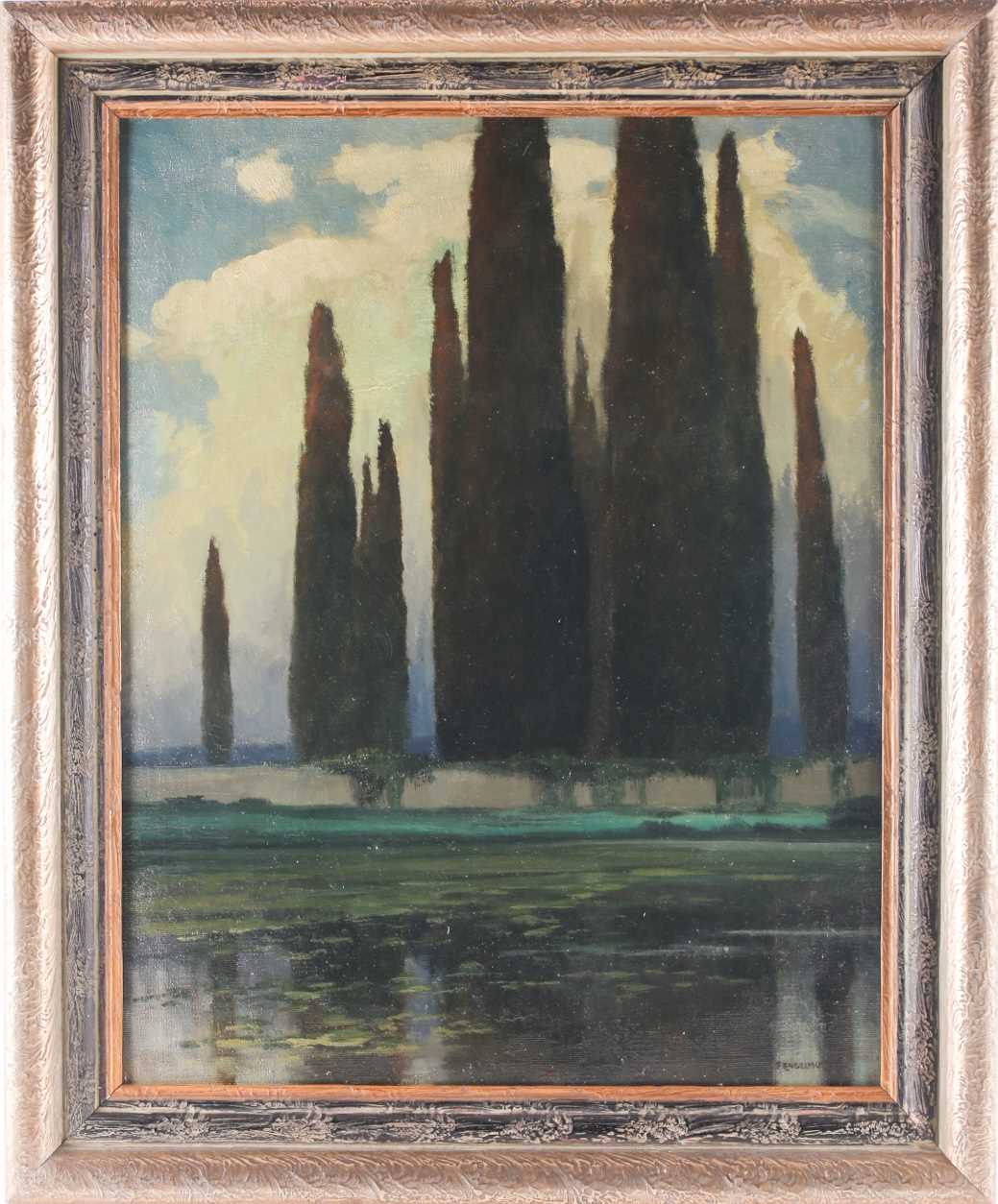 Ferdinand Engelmuller (1867-1924), Continental landscape, moonlit cypress trees behind a lake, oil