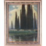 Ferdinand Engelmuller (1867-1924), Continental landscape, moonlit cypress trees behind a lake, oil
