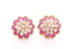 A pair of yellow metal red paste and white bead cluster earrings, screwback fititngs, 1.5 cm