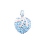 A diamond and blue topaz heart-shaped pendant, the domed mount set with mixed oval-cut topaz and a