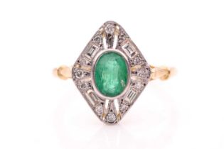 A yellow metal, diamond, and emerald ring, set with a mixed oval-cut emerald, bezel-set within an
