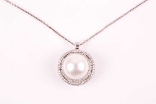 A diamond and pearl pendant, the round white pearl within a double halo border of round-cut