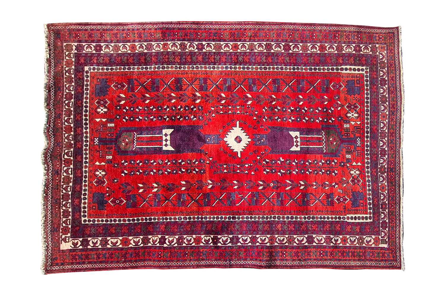 A 20th-century red ground tribal Afshar rug with central stepped lozenge and tree motif. Within