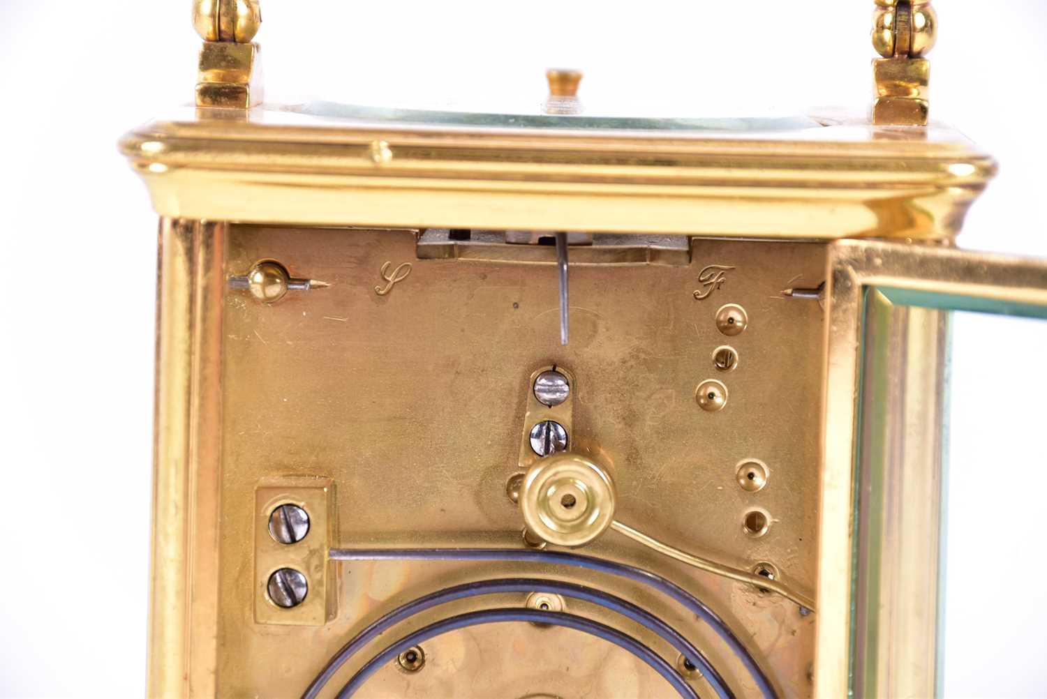 An early 20th century 8-day repeating carriage clock. With gilt brass corniche case. The movement - Image 5 of 10