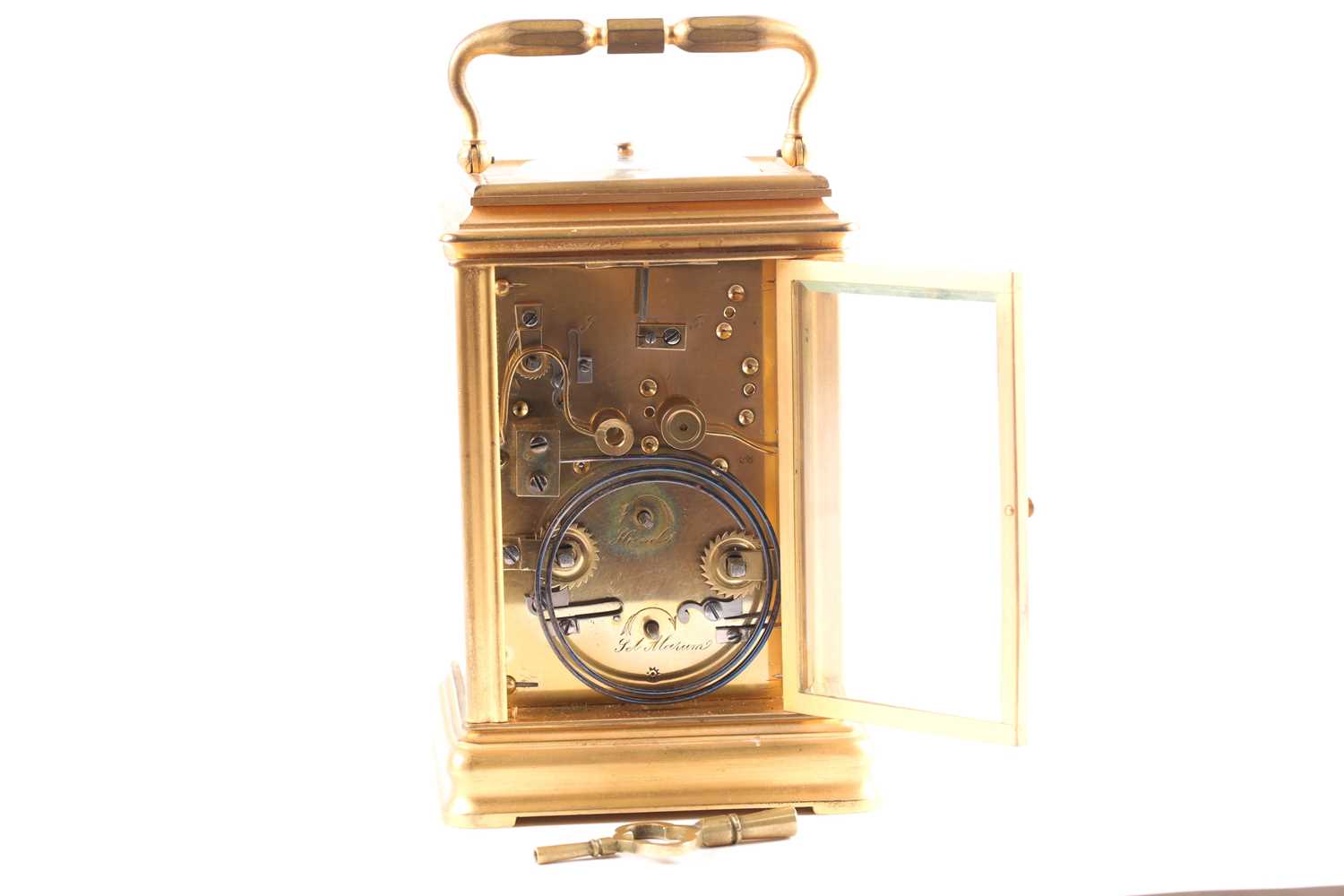 A brass gourge case carriage clock, c1900, strikiing on the hour and half hour, with alarm and - Image 4 of 6